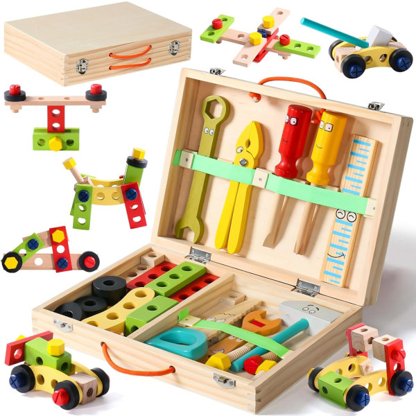 Lasten työkalulaatikko - puinen lelutyöpenkki Montessori-lelu 2-6 vuoden työkalu lapsille opetuspelit Lasten lelulahja tytöille pojille joululahja