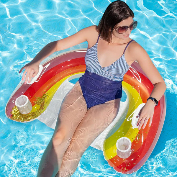 Inflatable Swimming Pool Chair Float, Floating Pool Chair - with Sequin Design - With 2 Cup Holders and 2 Handles