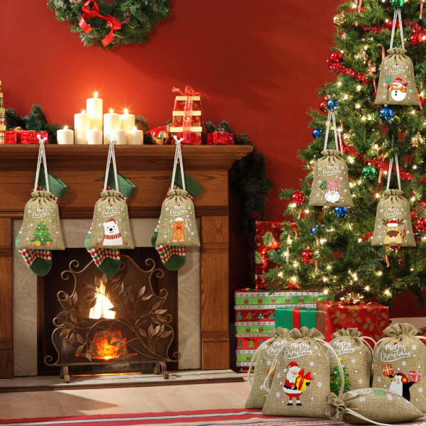 36 stk. julesække gaveposer - snørelukning, linned godbiddersække til juleslik, genanvendelige indpakningsposer, julefestfavoritter Red & Black Plaid