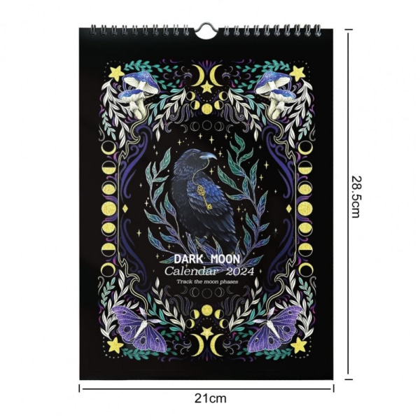 2024 Väggkalender - Dark Forest Lunar Calendar 2024 med 12 illustrationer, svart väggkalender Kreativ rolig månadsväggkalender för hemmakontoret Crow