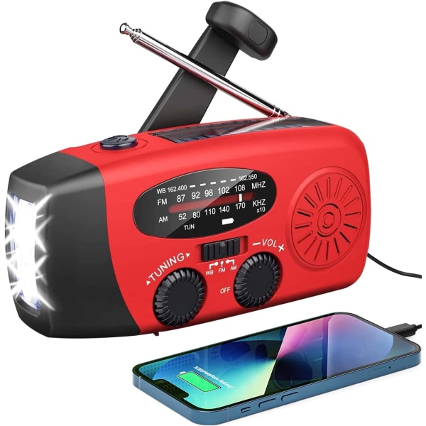Sääradio, aurinkoradio, hätäkäsikammen itsesähköinen AM/FM aurinkosääradio LED-taskulamolla, WB-radio akkuvarmistuksella red
