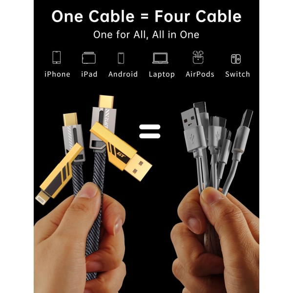 4-i-1 Lightning & USB C-kabel - 65W hurtiglading og dataoverføring. Flat flettet ledning for iPhone/iPad. Kompatibel med iPhone 15/Pro/Plus/Pro Max 1M