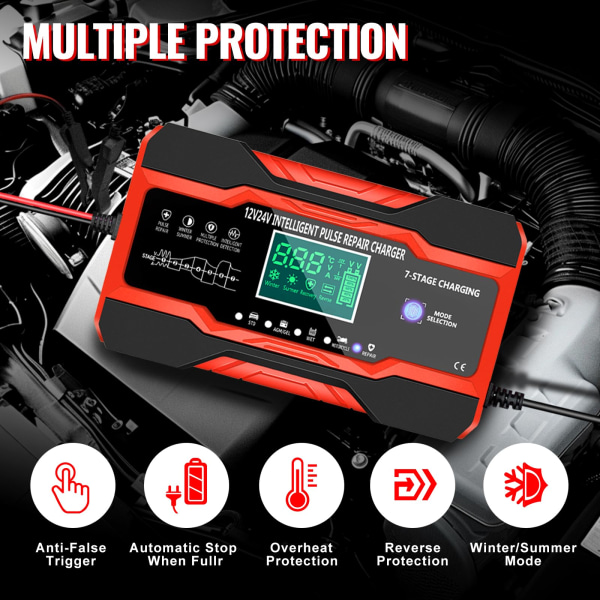 Bilbatteriladdare 10 A 12 V 24 V Smart helautomatisk bilbatteriladdare LCD pekskärmsladdare för bil motorcykel skåpbil AU Plug