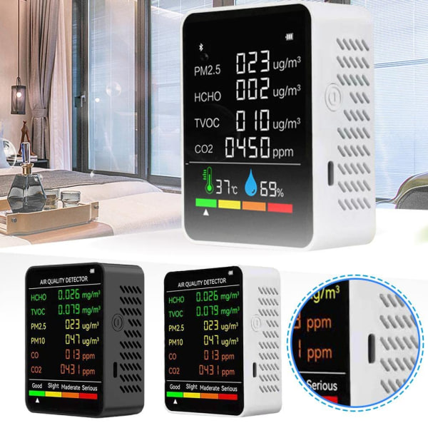 6-in-1-sisäilman laadun valvonta, CO2-testeri CO2-hiilimonitori PM2.5, CO2 TVOC, HCHO, PM10 ja testeri CO kotiin