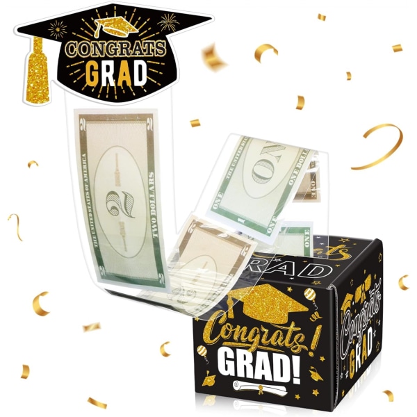 2024 valmistumisen rahalaatikko - Yllätys onnittelut Grad Cardin ulosvedettävä pidike | Hauska tee-se-itse-käteislahja koulu- ja korkeakouluopiskelijoille Black