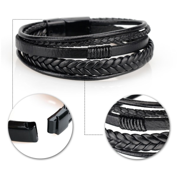 Trendiga äkta läderarmband män Flerlagers flätat rep black 21cm