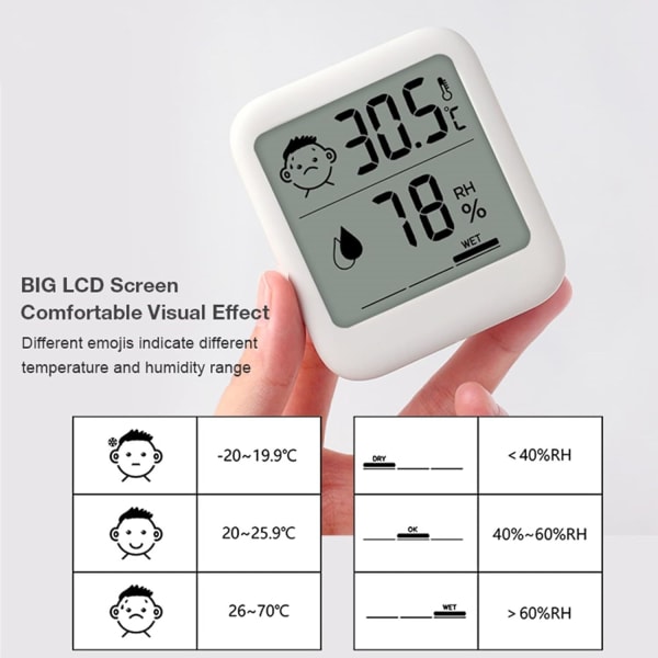 Digitalt termometer og hygrometer med komfortansigtsdisplay, hygrometer, stativ, magnet, hængende, enkel, forebyggelse af infektionssygdomme