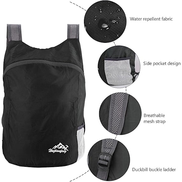 Sommer Hot Sale Ultralett Sammenleggbar Ryggsekk, Liten Tursekk, Slitesterk Lett Pakkbar Ryggsekk for Menn Kvinner, for Utendørs Sport Reise black