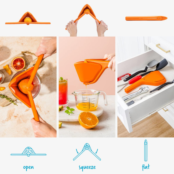 11" Original Orange Fluicer Easy-Squeeze Ergonomic Manual Fold-Flat Plassbesparende Citrus Juicer-presser reduserer innsatsen som trengs orange color