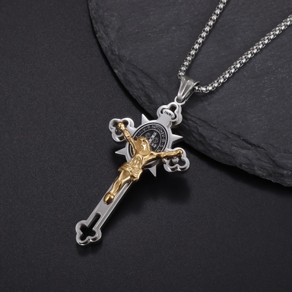Jesus Cross Halsband, Religion Rostfritt stål Saint Benedict St. Benedict Crucifix Cross Hängen Halsband gold