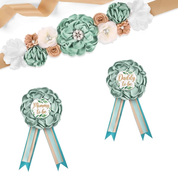 Maternity Sash and Corsage Set Mommy and Daddy to Be Pins Baby Shower Blomster Sash til Graviditetskjole, Baby Shower Dekorationer, Fotorekvisitter green