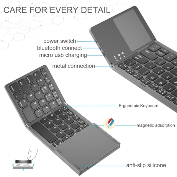Sammenleggbart Bluetooth-tastatur i lommestørrelse - Mini-trådløst tastatur med pekeplate, kompatibelt med Android, Windows, nettbrett