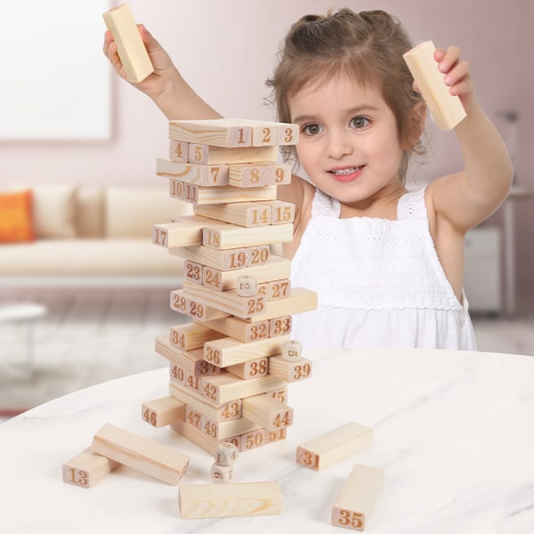54 stykker Tumble Tower Blocks Spil Kæmpe væltetårn træstablingsspil med 1 terningsæt til voksne, børn, familiejulefestspil B