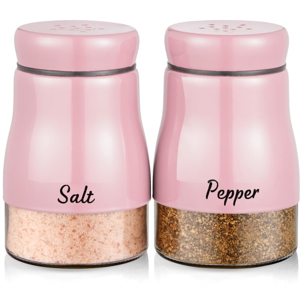 Salt- og peberrystersæt, 5 ounces salt- og peberdispenser i rustfrit stål med glasbund, salt- og peberrystere til køkkenindretning i hjemmet pink