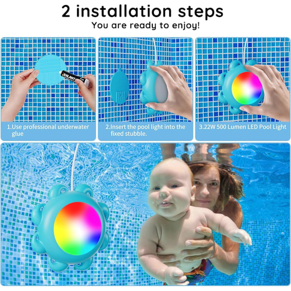 LED-poolbelysning, nedsænkelig LED-poolbelysning til indbyggede pools, vandtæt IP68, med APP-styring 12W RGB-farveskiftende poolbelysning musiksynkronisering US Plug