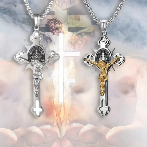 Jesus Cross Halsband, Religion Rostfritt stål Saint Benedict St. Benedict Crucifix Cross Hängen Halsband gold