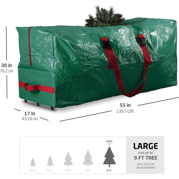 Juletræsopbevaringspose 9 Ft - Rullende juletræsopbevaringsboks - Plast, holdbare håndtag og hjul - Stor juletræspose - Grøn 7.5ft Green