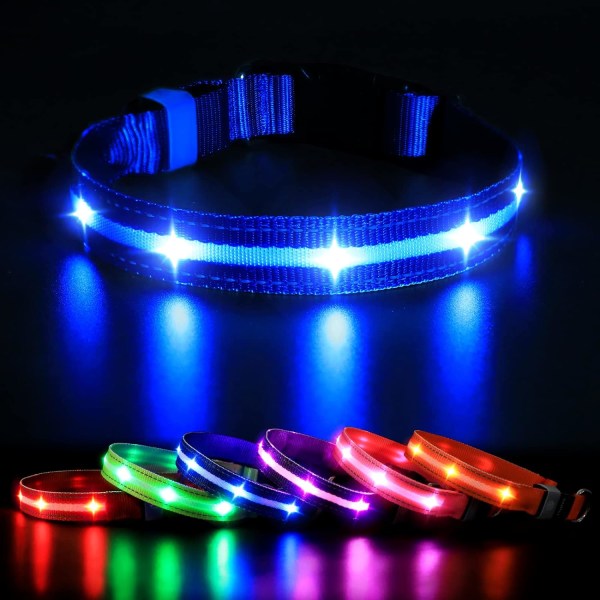 LED lys op hundehalsbånd - USB genopladelig og vandtæt - 3 blinkende tilstande - Super lys justerbar halsbånd til små, mellemstore, store hunde M Blue