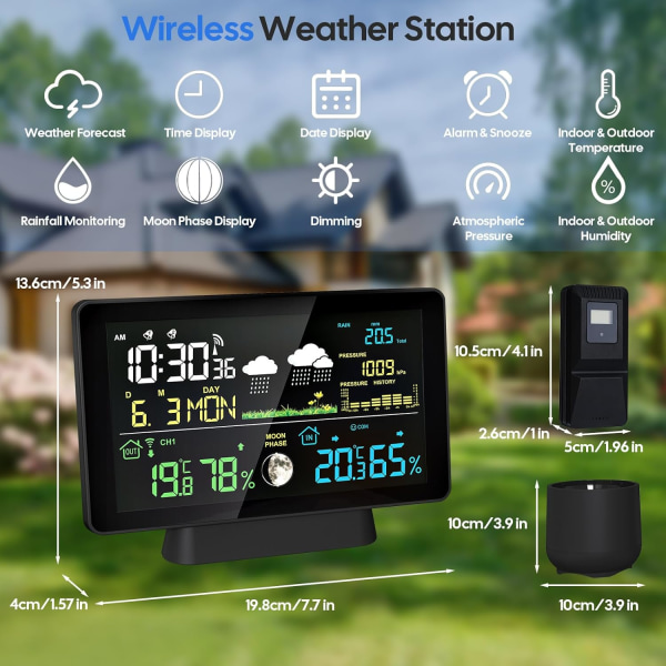 Vær forberedt med vores trådløse vejrstation - farveskærm, termometer, hygrometer, udendørs sensor - regnmåler, vejrudsigt British regulatory