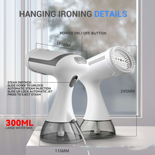 Bærbar tøjdamper - Kraftig håndholdt damper til fjernelse af rynker - 2000W med 300 ml tank - Hurtig opvarmning på 20 sekunder White European regulations