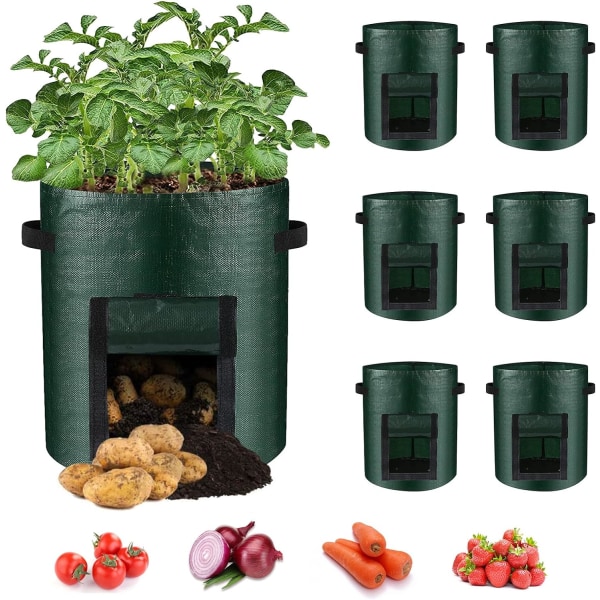 6-pack potatisodlingspåsar, odlingspåsar Trädgårdsplanteringspåsar med flikfönster och handtag, grönsaksodlingspåsar för potatis, lök, tomat, morot 10 Gallon