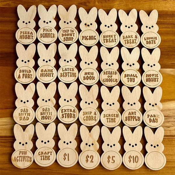 Easter Kids Reward Bunny Poletter - Træpoletter med indgraverede ordsprog - Sæt med 10 ægpoletter - Perfekte påskeægsfyldstoffer og gaver til børn 28 pcs