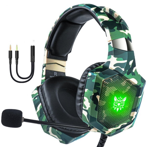 Gaming-hodesett med mikrofon for PS4 PS5 Xbox-PC med RGB-lys, PlayStation-hodesett med støyreduksjon 7.1 Surround Sound Over-Ear og kablet 3,5 mm-kontakt Camouflage green (ZXK90104)