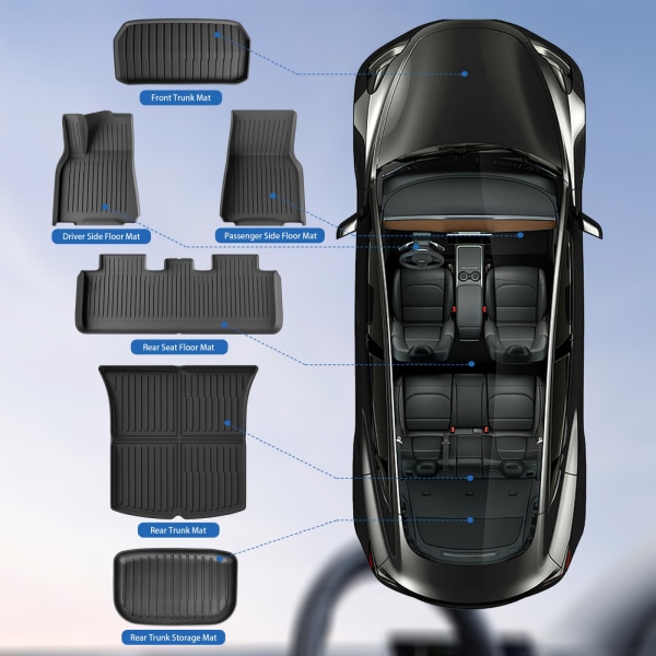 Lattiamatot Tesla Model Y 5-paikkaisille 2021-2023 2022 2024 jokasään TPE Cargo Liner -lattiamatot ja tavaratilan matot -tarvikkeet, 6 maton set 24 models model3 Three piece set