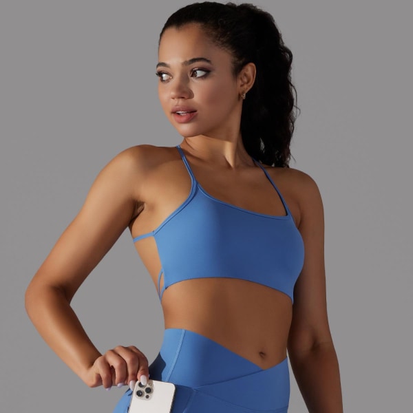 Sport-bh med tunn band för kvinnor - vadderad trådlös tränings-Yoga-bh med fyrkantig hals, korsade ryggremmar sömlöst medium stöd Blue M