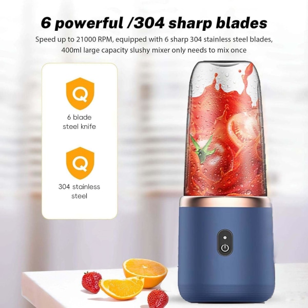 Bærbar blender 350 ml, flaske for smoothie-shakes, bærbar smoothie-blender, lekkasjesikkert lokk, USB-oppladbar med 6 blader Blue