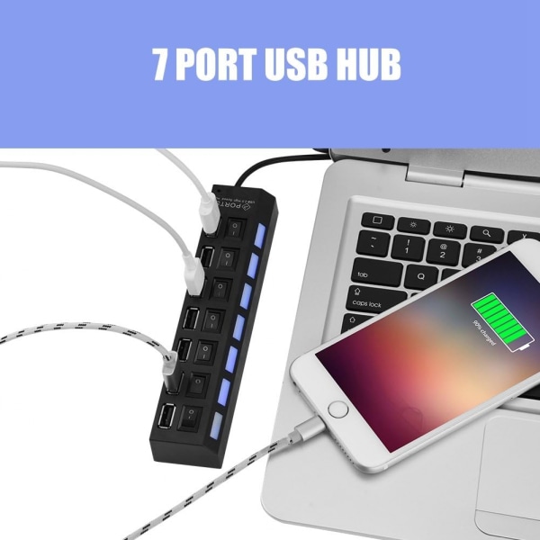 (2 stk)7-Port USB 2.0 Hub, 480 Mbps 7 Port USB Hub Ingen konflikt Plug & Play 7 Port USB 2.0 Hub til mus/printer/scanner 1pcs