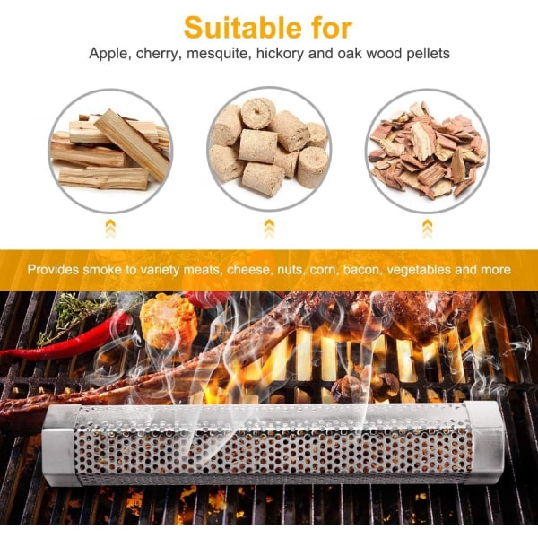 Premium 12-tums pelletsrökare - rostfritt stål med borste, 5 timmars rök för grillar, rökare - perfekt för kall/varm rökning