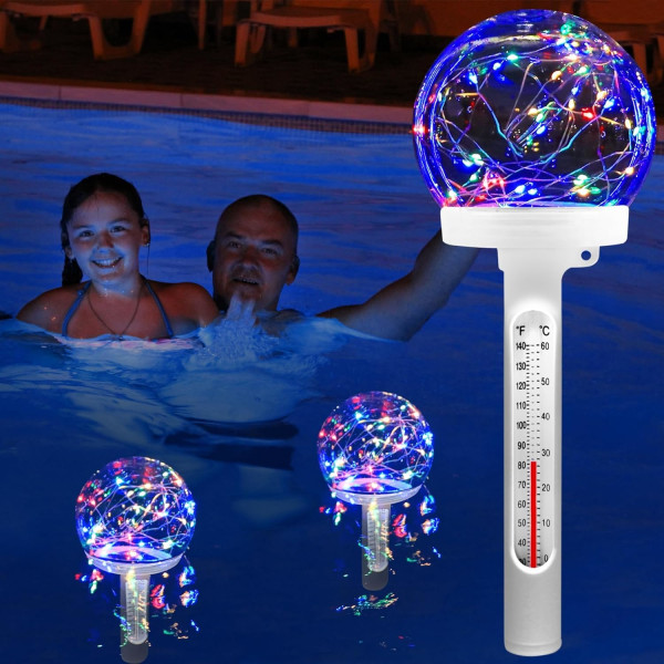 Valaise uima-allas: LED aurinkoenergialla kelluva allaslämpömittari helppoa yöaikaan lukemista varten