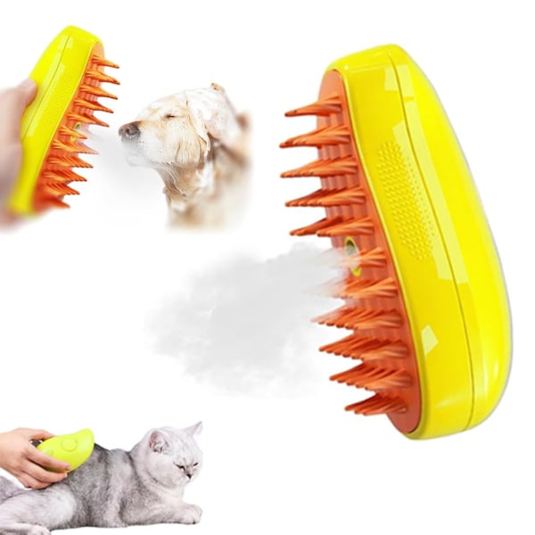 Elektrisk ångborste för hund, självrengörande ångborste för katter, ångborste för husdjursmassage, borste för djurvård för hårborttagning, massage och styling av husdjur. yellow