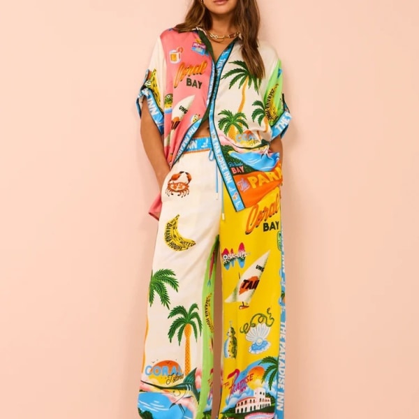 Sommertrykt todelt pysjamassett for kvinner med kortermet knapp Topp med snøring Pysjamassett Color L