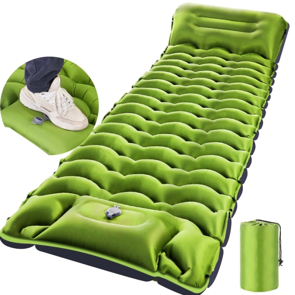 Ultralätt camping liggunderlag med inbyggd pump och kudde - Kompakt luftmadrass idealisk för vandring, inkluderar bärväska och reparationssats green
