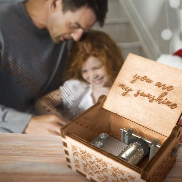 Vintage Wood Music Box - Gravert 'You are My Sunshine' - Perfekt gave til kone, datter, pappa, mamma - Jubileum/bursdag/jul/valentinsdag A8