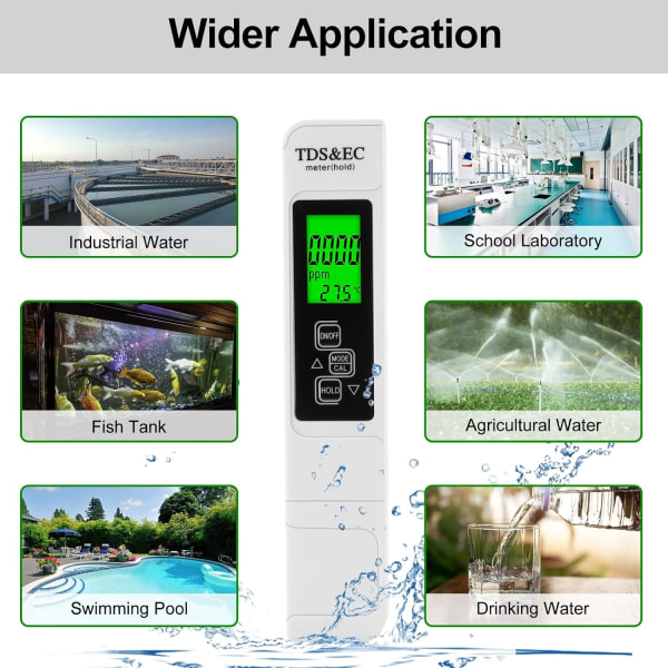 Vedenlaadun testimittari, 3 in 1 LCD-digitaalinen vedenlaadun testeri taustavalolla, TDS/EC-vedetesteri juomavedelle, uima-altaalle, akvaariolle