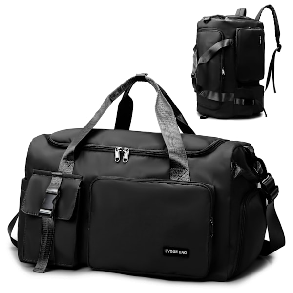 Sportsbag 42L Reisebag med Skoskuff Våtskuff Vanntett Treningsbag for Reise, Fitness, Sport Black