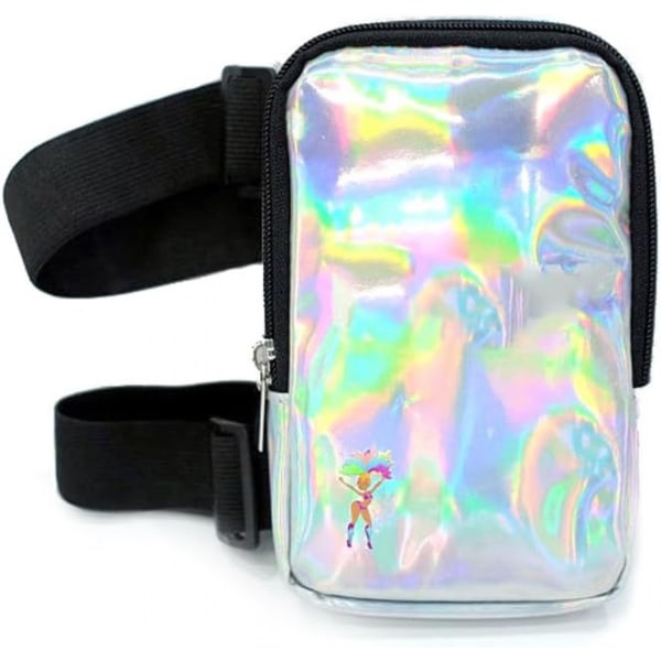 Holografisk lårtaske - Telefonholder Festivaltaske til kvinder, mænd - Iriserende ankelpose - Reflekterende håndfri Rave-taske silver