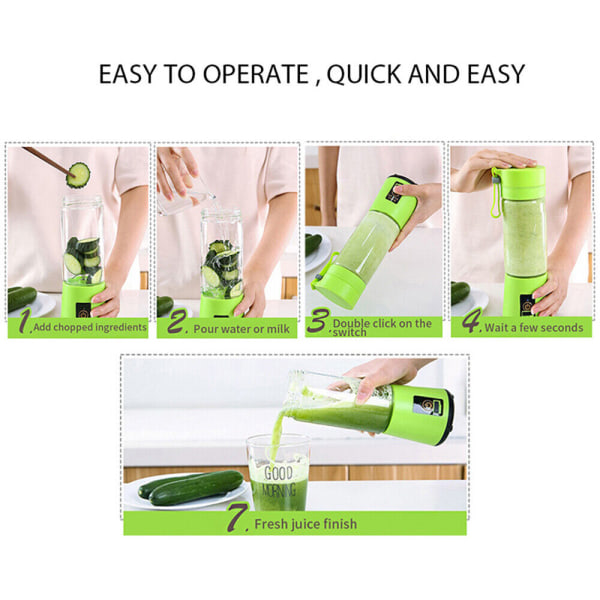 6-blads Blender Fruktjuicer Shaker Smoothie USB Uppladdningsbar 380 ml green