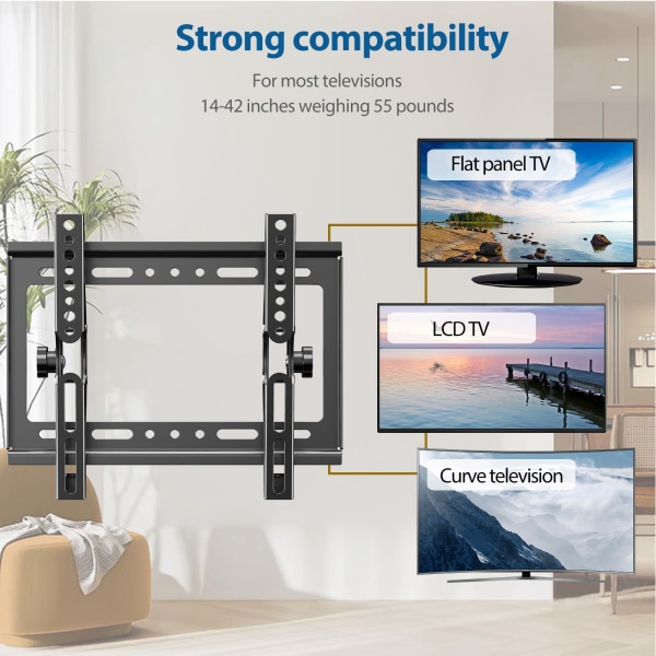 Vippbar TV-veggfeste for de fleste 14–42 tommers TV-er opp til 55 lbs, robust lavprofils veggfeste TV-brakett, maks VESA 200x200 mm