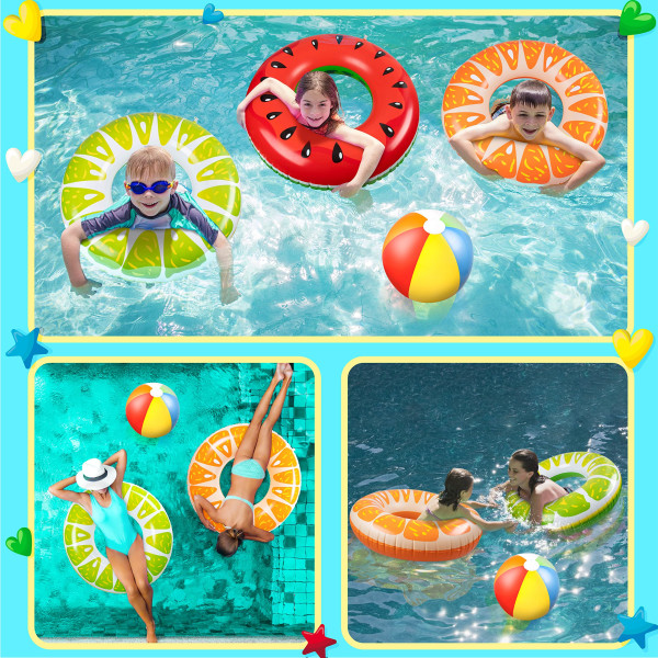 Frugt Pool Floats: Vandmelon Kiwi Orange Citron Svømme Ringe med Strandbolde - Oppustelige Rør Floaties Legetøj til Børn Voksne