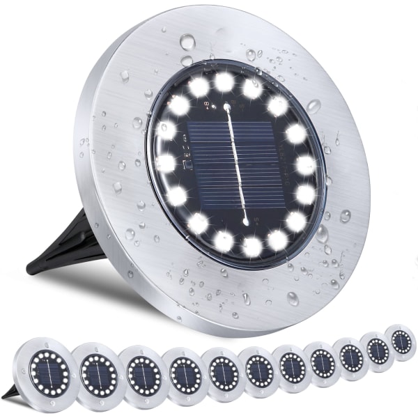 12st vattentäta Solar Ground Lights - Uppgraderad 16LED Bright Outdoor Garden Lights för bana, gård, gräsmatta, uteplats, gångväg - Solar Disk Lights White Light 16 Pack