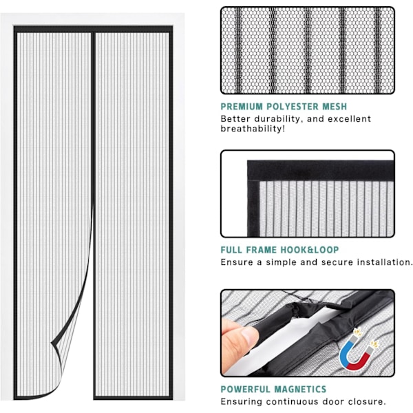 Magnetisk dørskjerm 90 x 210 cm, myggdørskjerm med sterke magneter, slitesterkt meshgardin for å holde insekter ute, trygt for barn og kjæledyr 80X210CM Black