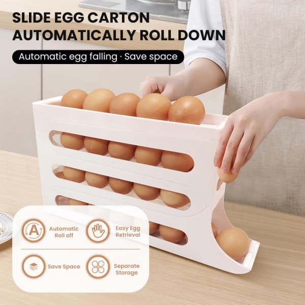 4-lags eggholder for kjøleskap, automatisk rullende kjøleskap eggorganisator, 30 egg dispenser kjøleskap, plassbesparende egg dispenser holder Gray
