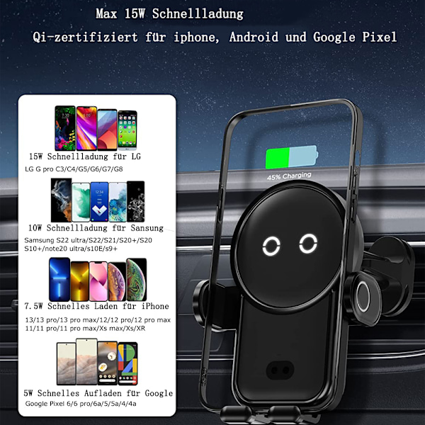 Trådløs billader, 15 W, hurtiglading, Kharly bil mobiltelefonholder, smart sensor, automatisk klemming, astronaut mobiltelefonholder,