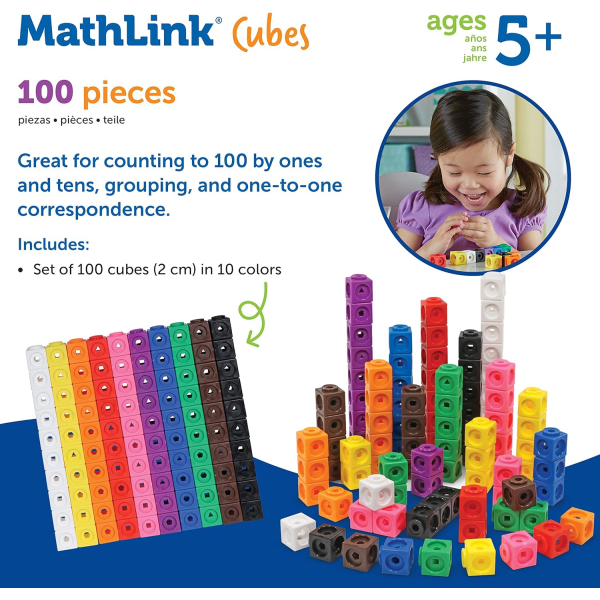 Kuber - Set med 100 kuber, matematikmanipulationer och kuber för barn från 5 år och uppåt, tillbehör för förskoleklassrum, tillbaka till skolan och tillbehör för lärare Advanced model