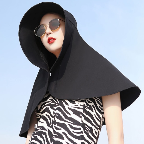 Fashion Dame UV-beskyttelse Spandhat, 2024 Ny Sommer Super Stor Sjal, Sjal Solskygge Hat med Halsklap Black