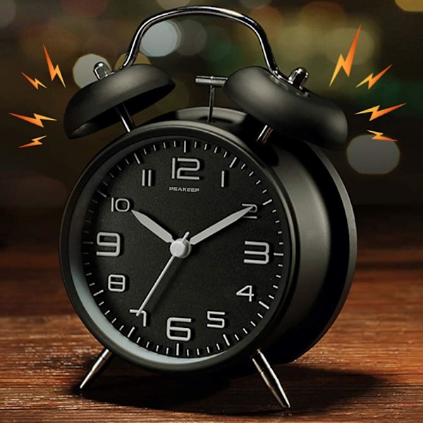 Sommer Udsalg 4 Tommer Dobbelt Klokke Høj Alarm Clock til Tunge Sovere, Baggrundslys, Batteridrevet Gammeldags Vækkeur til Soveværelse (Sort)